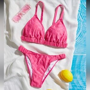 SHEIN Terrycloth Textured Triangle Bikini Set Hot Pink | S